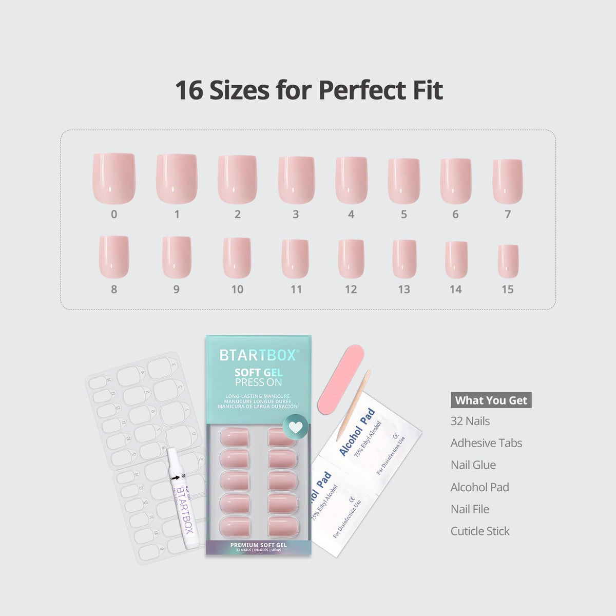 BTArtbox kit contents spread with glue, tabs, file, stick and sizing guide for easy use