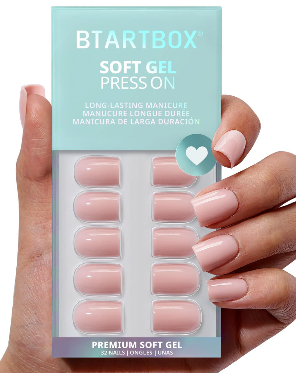 BTArtbox front packaging showing 32-piece pastel pink press on nails and included tools