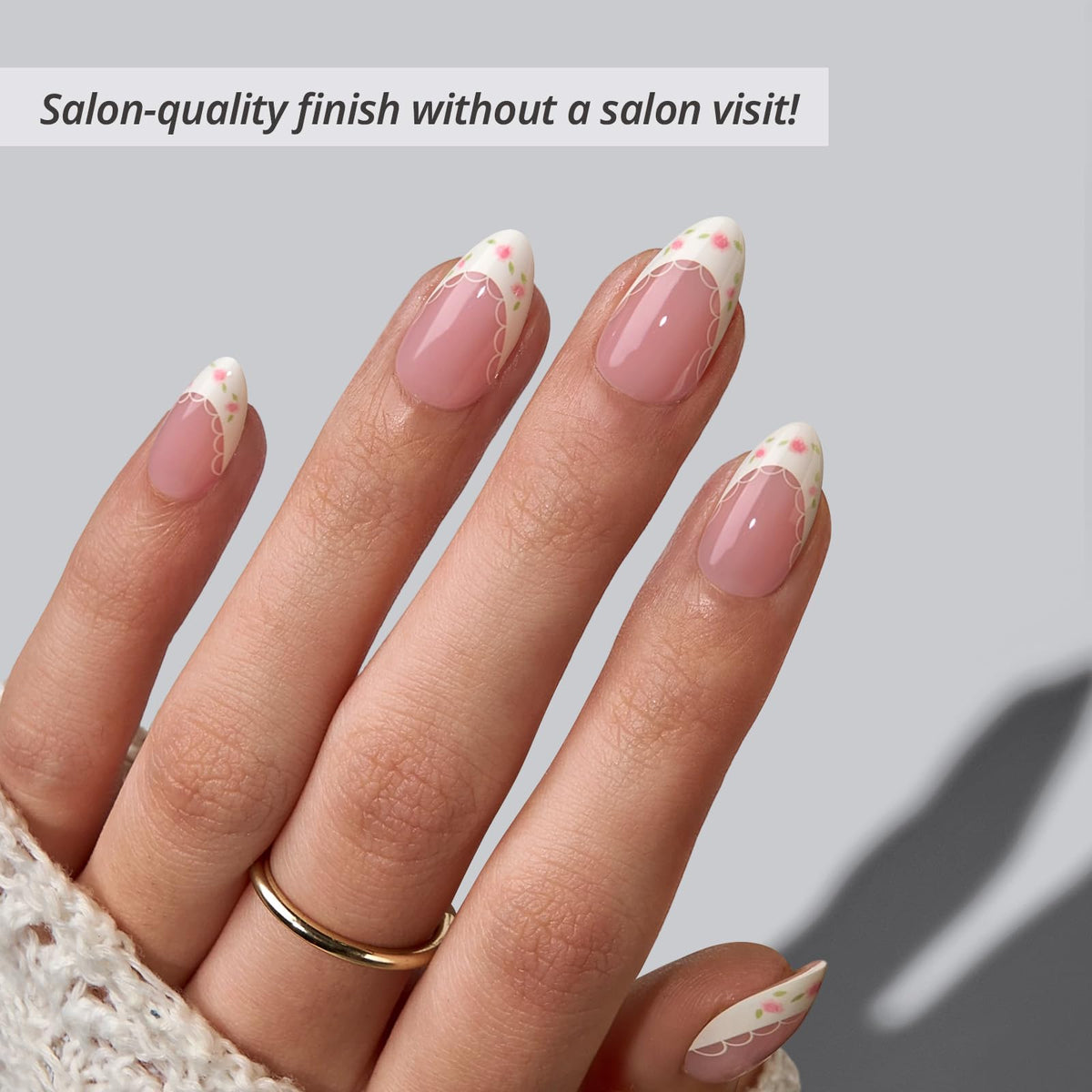 BTArtbox close-up of short almond nail texture and gloss that highlights natural look and flexible material