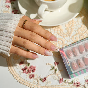 BTArtbox side profile of short almond press-on nails demonstrating comfortable low profile