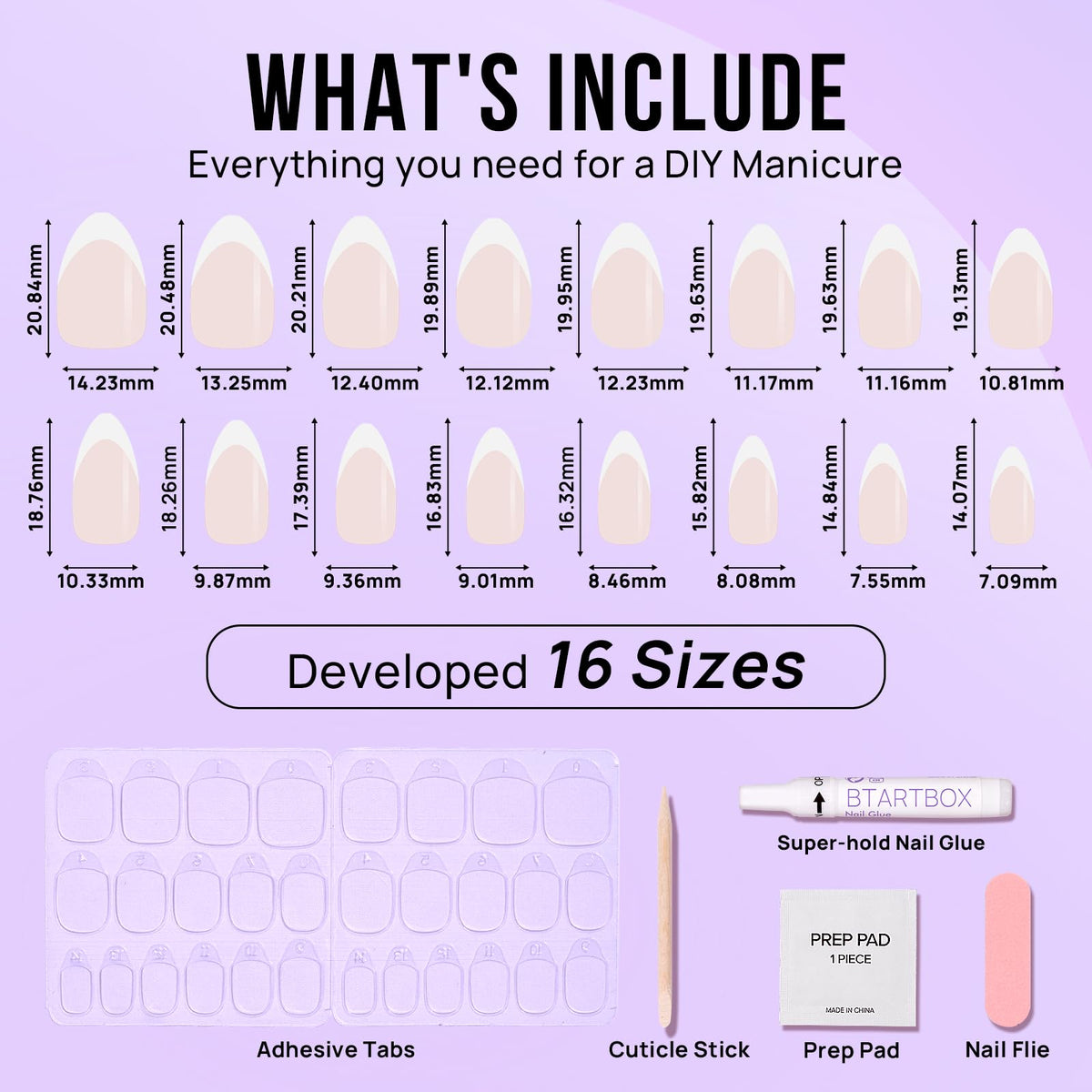 BTArtbox size chart layout with 16 sizes for a precise, custom fit
