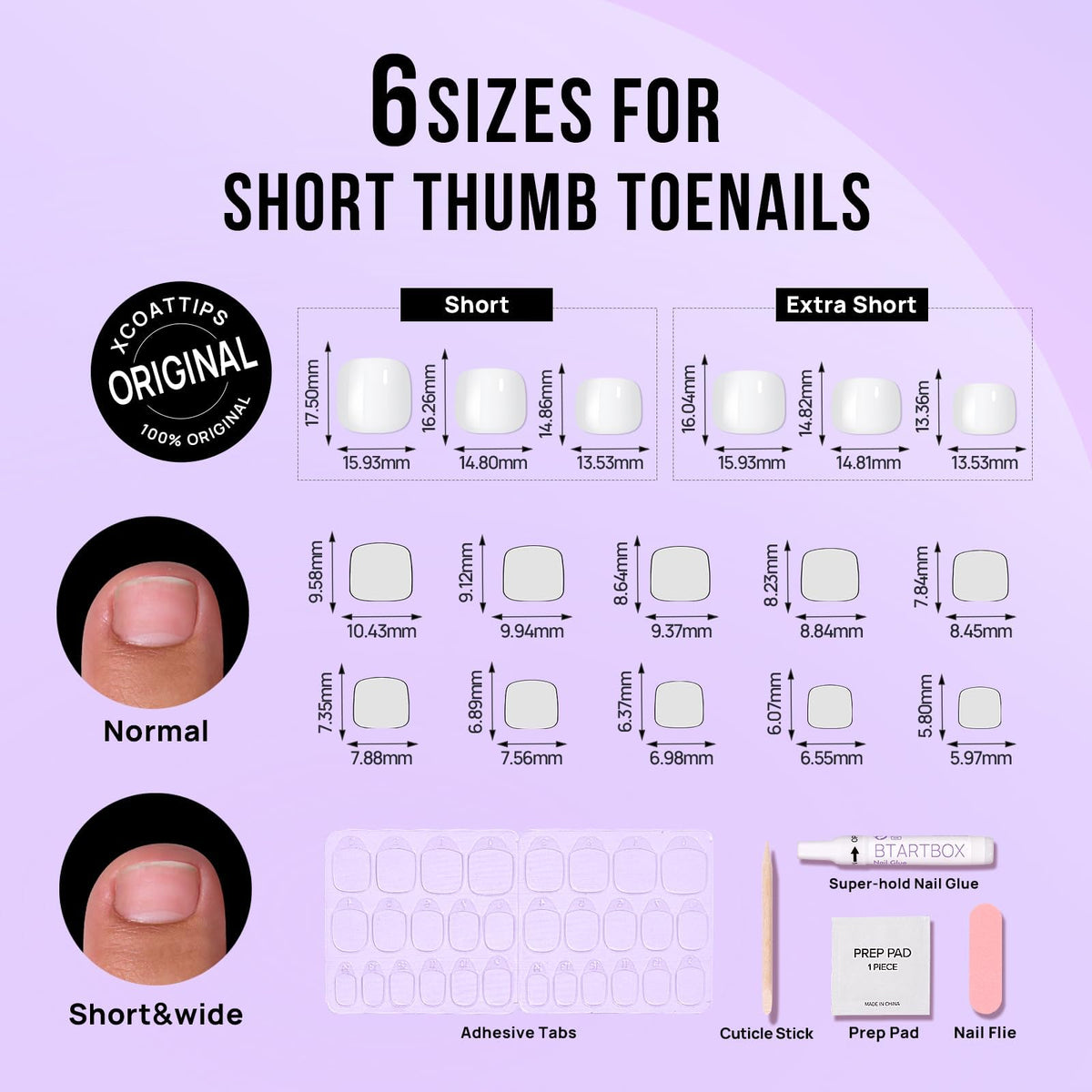 BTArtbox layout showing 16 sizes of toenails offering a precise size match
