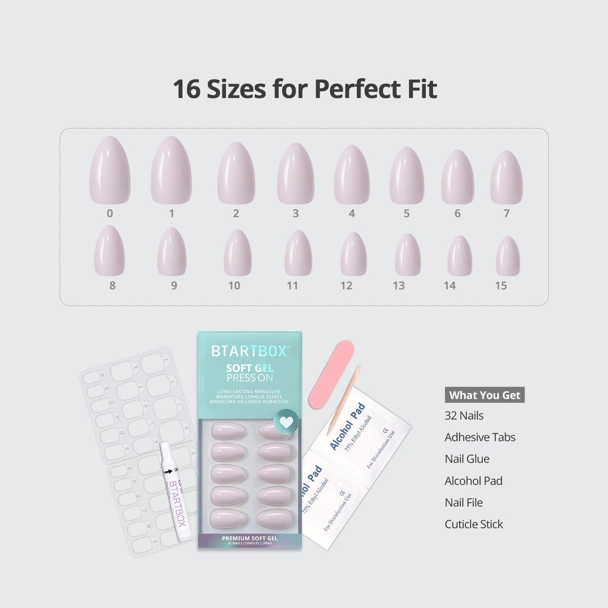 BTArtbox array of 16 nail sizes fanned out to show fit options and precise sizing for each finger
