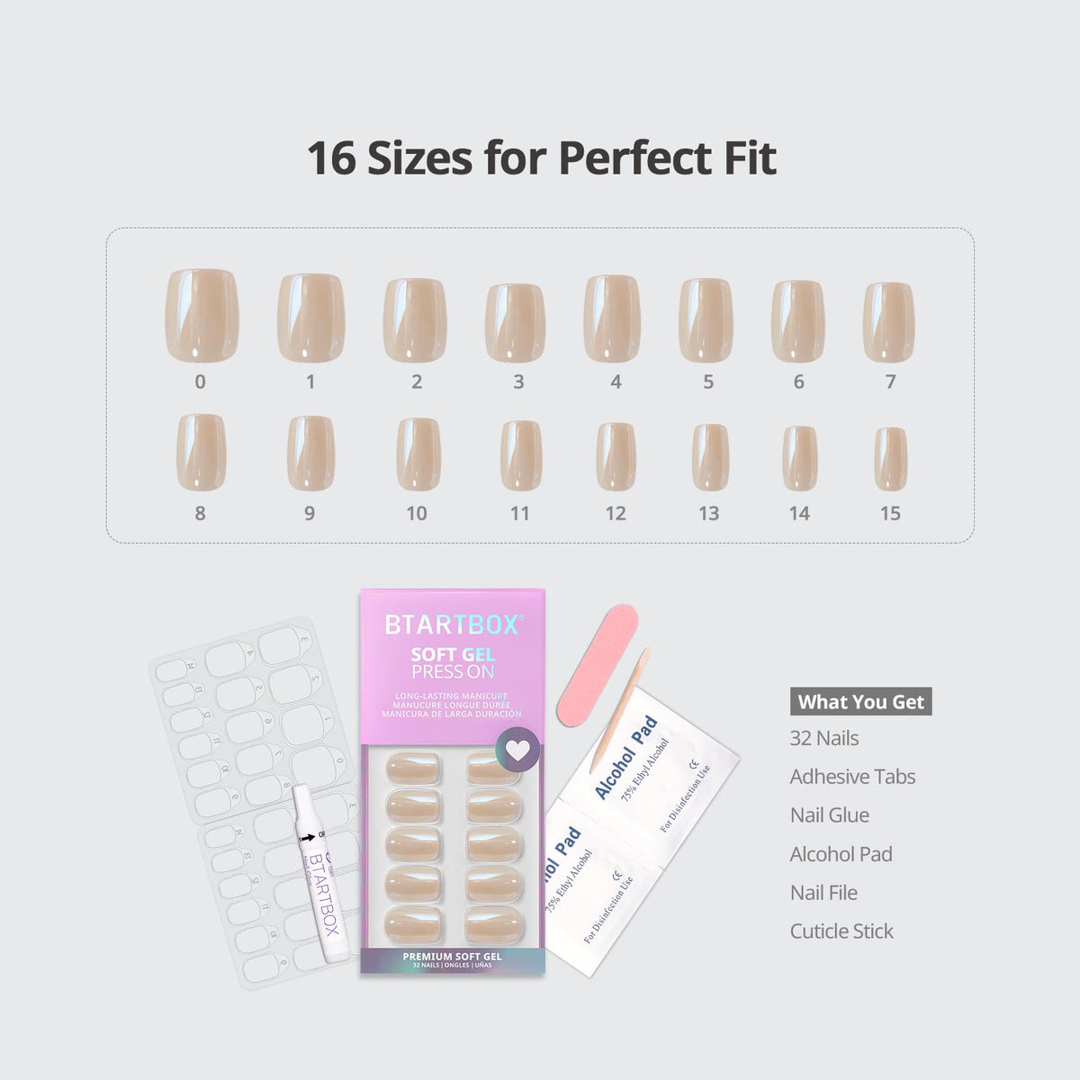 BTArtbox nail sizes arranged to show 16-size fit options