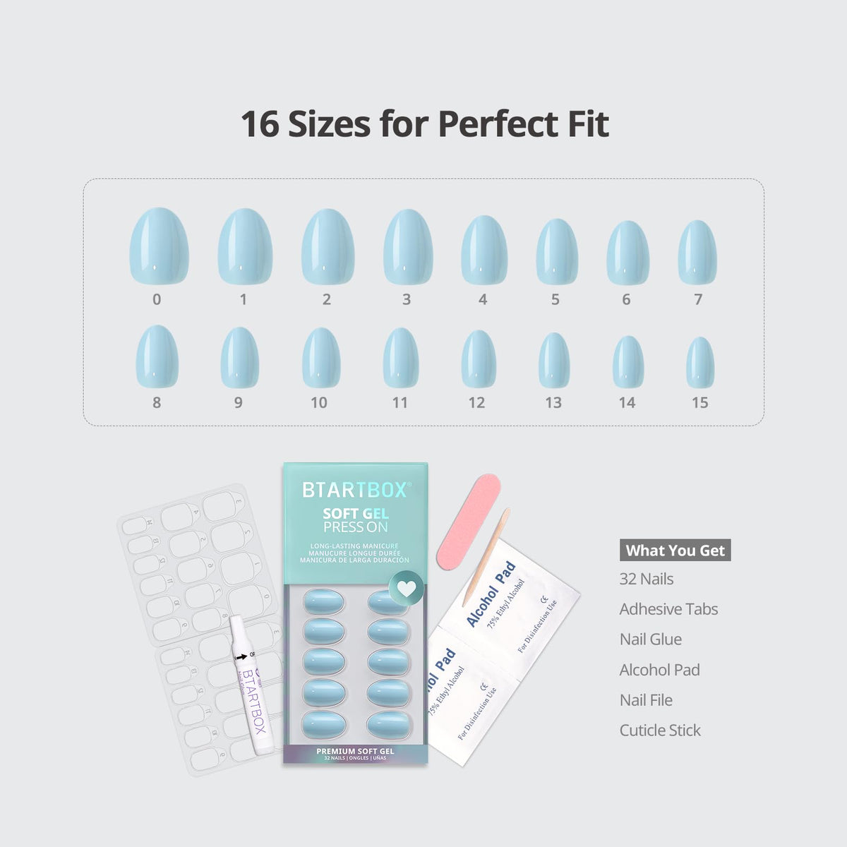 BTArtbox size chart display with 16 sizes ensuring precise nail fit and less trimming
