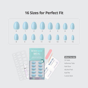 BTArtbox size chart display with 16 sizes ensuring precise nail fit and less trimming