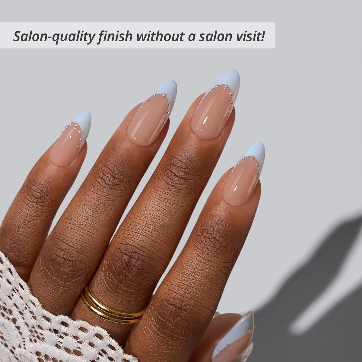 BTArtbox close-up of blue French tip curvature, realistic natural look and smooth finish