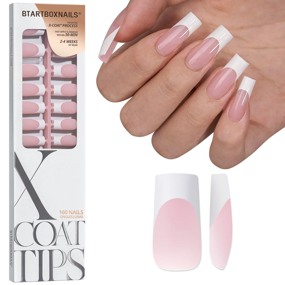 BTARTBOXNAILS front packaging showing 160-piece French tip set and quick benefits