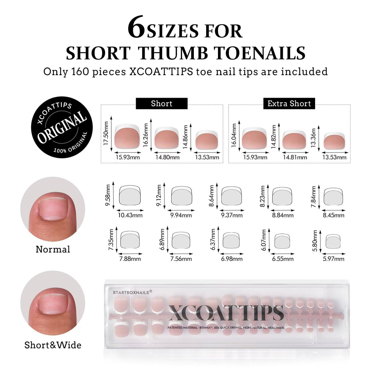 BTArtboxnails layout of six sizes showing range for different short toenail widths