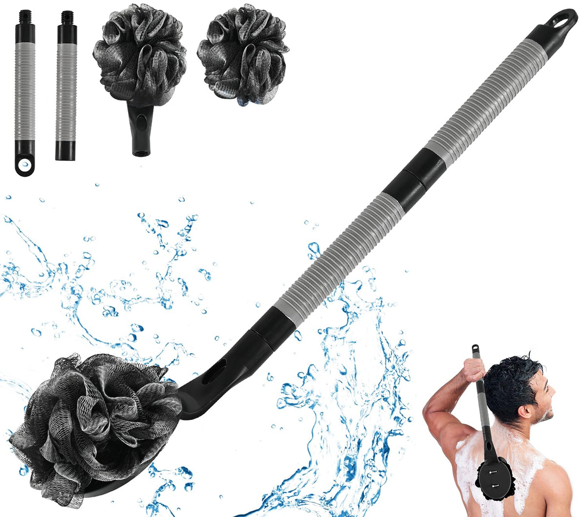 BTideas front view showing loofah and handle for easy back cleaning