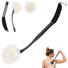 BTideas front view of loofah on a stick showing full packaging and length benefit