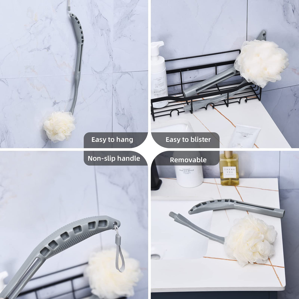 BTideas two loofahs hanging by lanyard demonstrating easy drying and storage