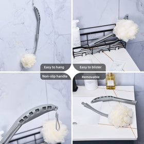 BTideas two loofahs hanging by lanyard demonstrating easy drying and storage