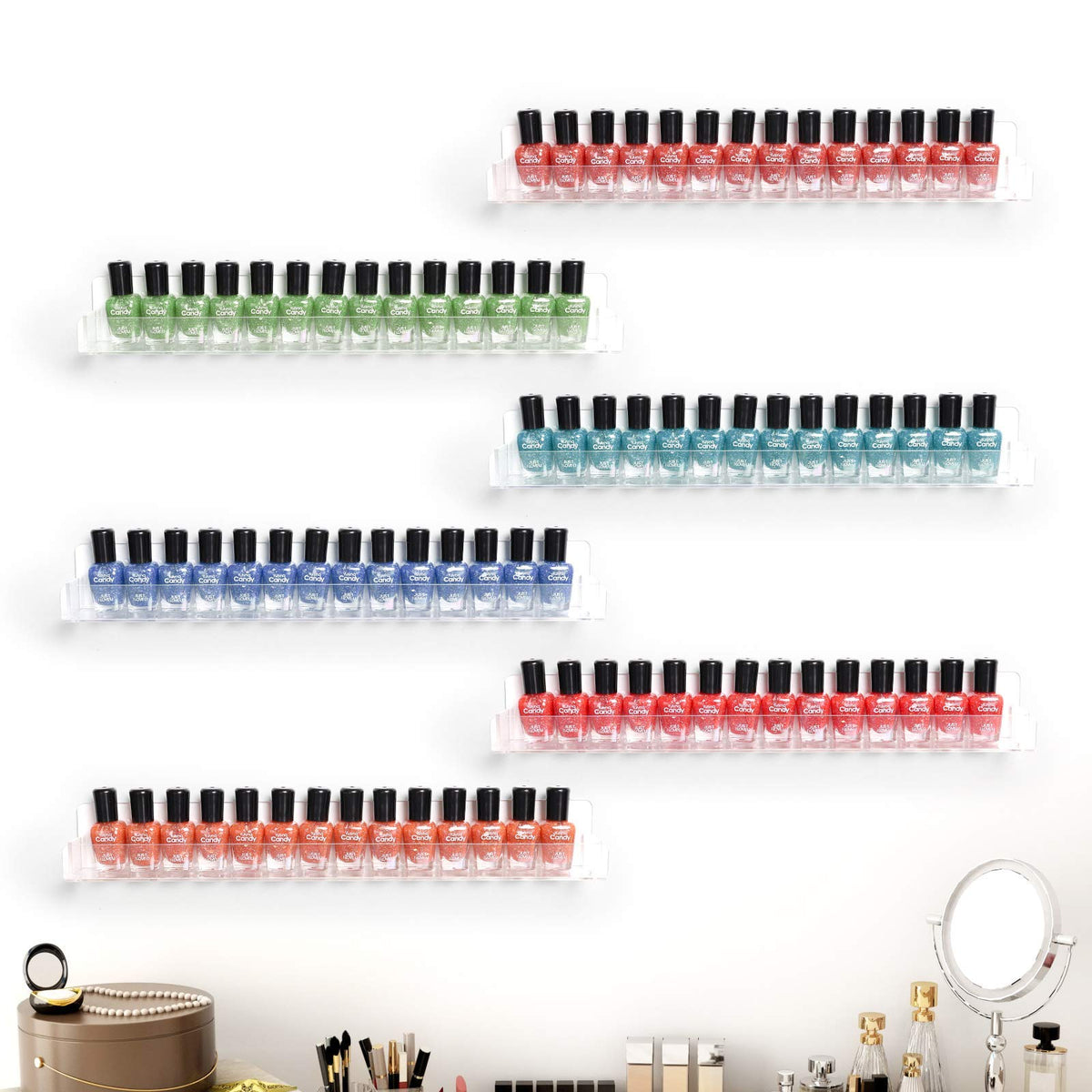 BTremary shelf holding lipsticks and oils to show multipurpose cosmetic storage benefit