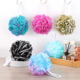 BTYMS loofah styled in bathroom setting to show lifestyle use and neat guest-ready look