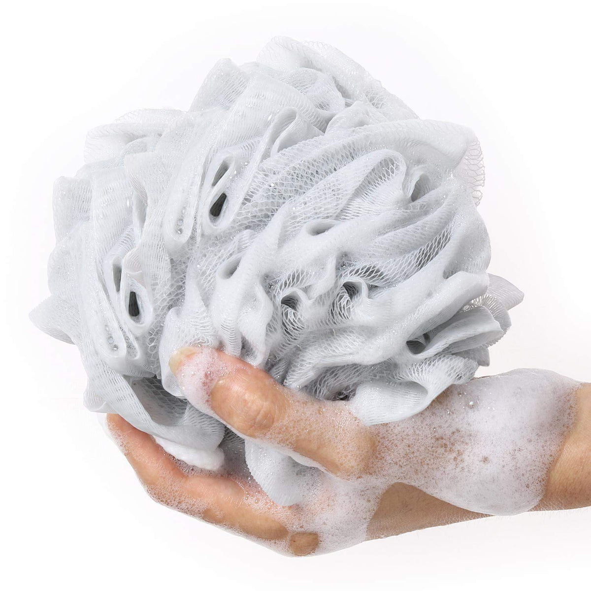 BTYMS close-up of PE mesh texture highlighting soft dense weave for gentle exfoliation