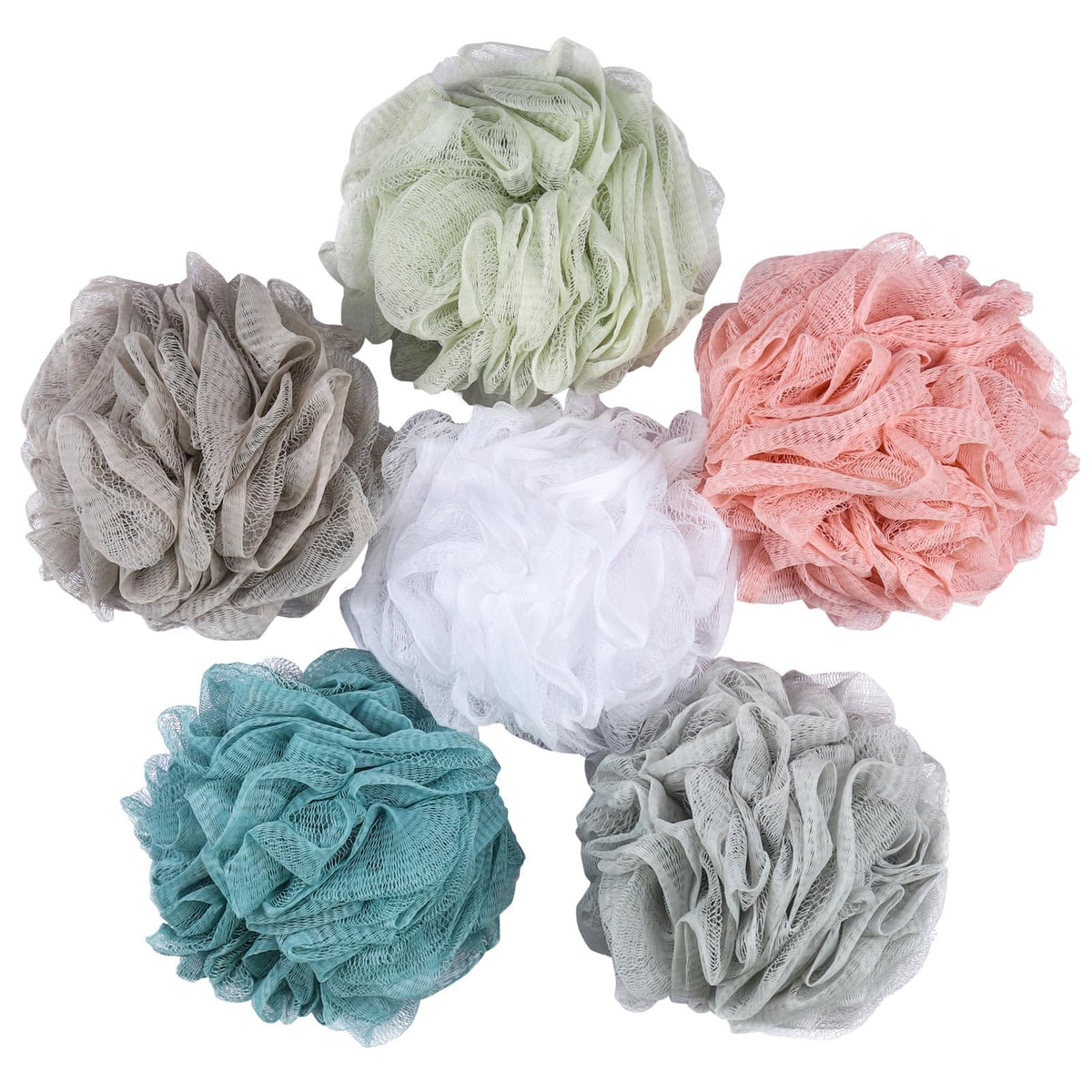 BTYMS front view of six-pack shower poufs showing compact sealed packaging and value