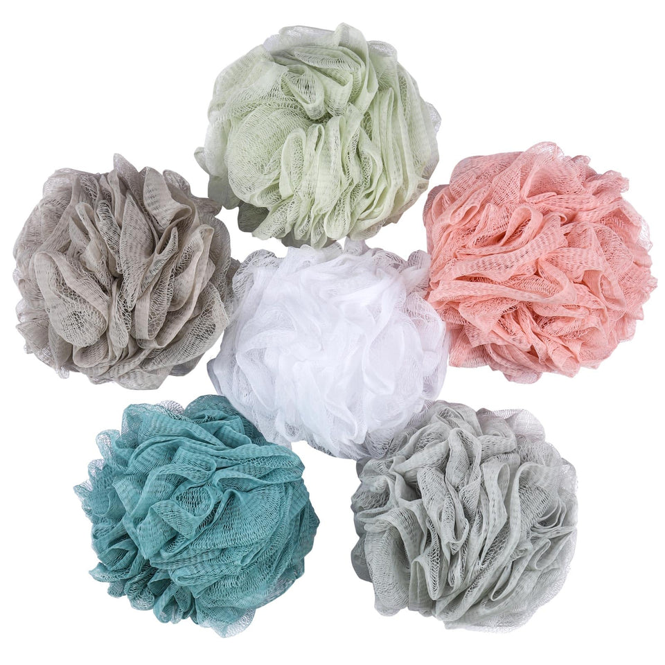 BTYMS front view of six-pack shower poufs showing compact sealed packaging and value