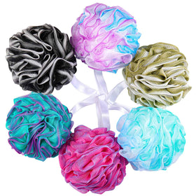 BTYMS front view of six-pack large loofahs showing colors and packaging, clear identification benefit