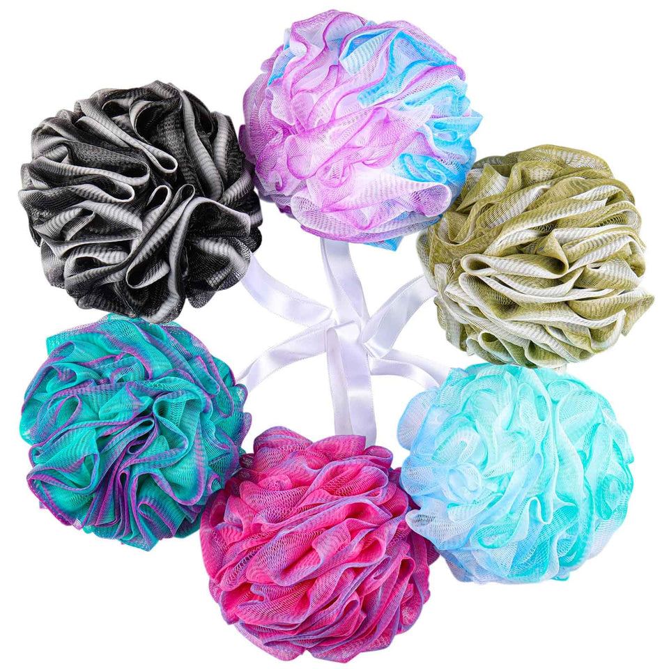 BTYMS front view of six-pack large loofahs showing colors and packaging, clear identification benefit