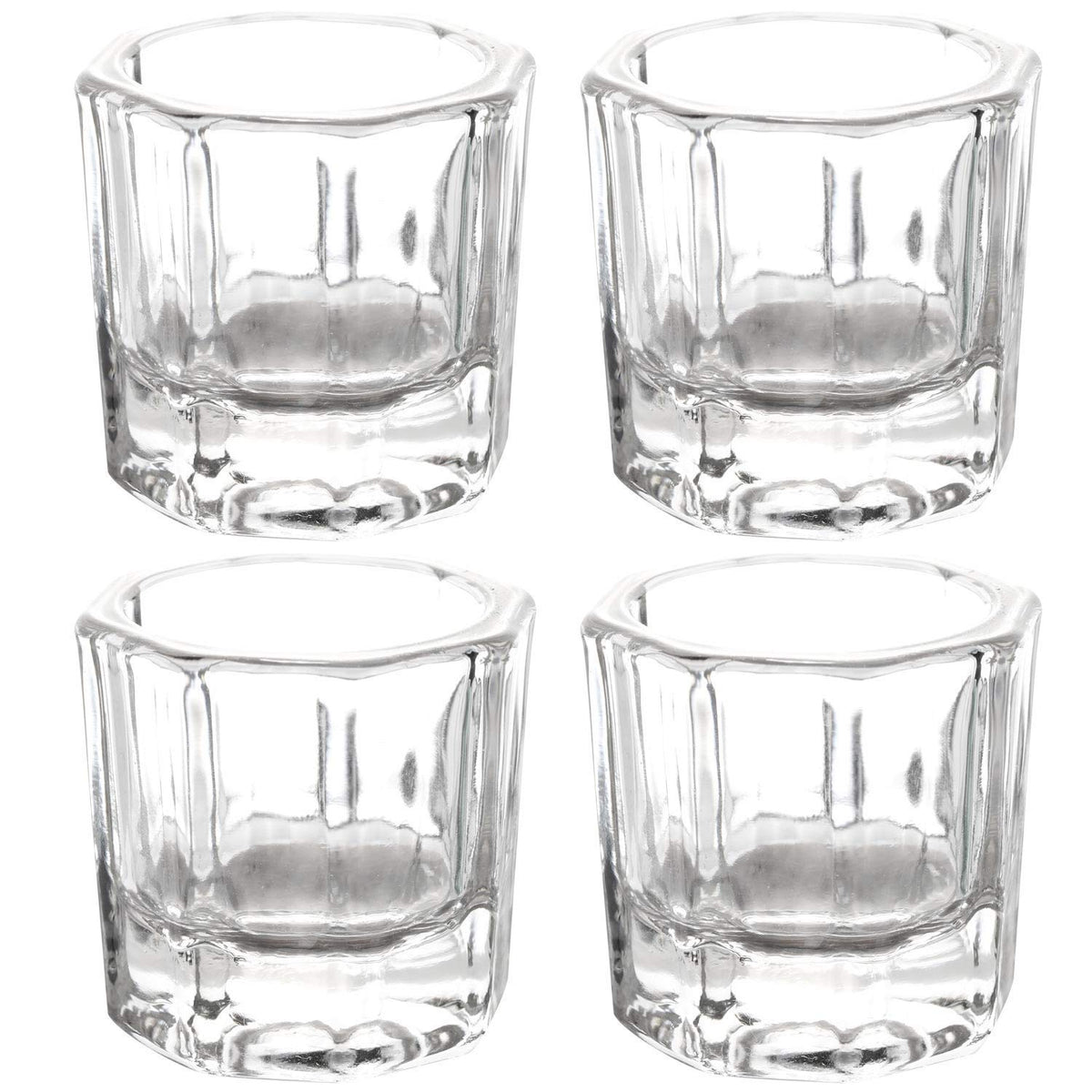 BTYMS front view of four dappen dishes showing clear cups and stability benefit