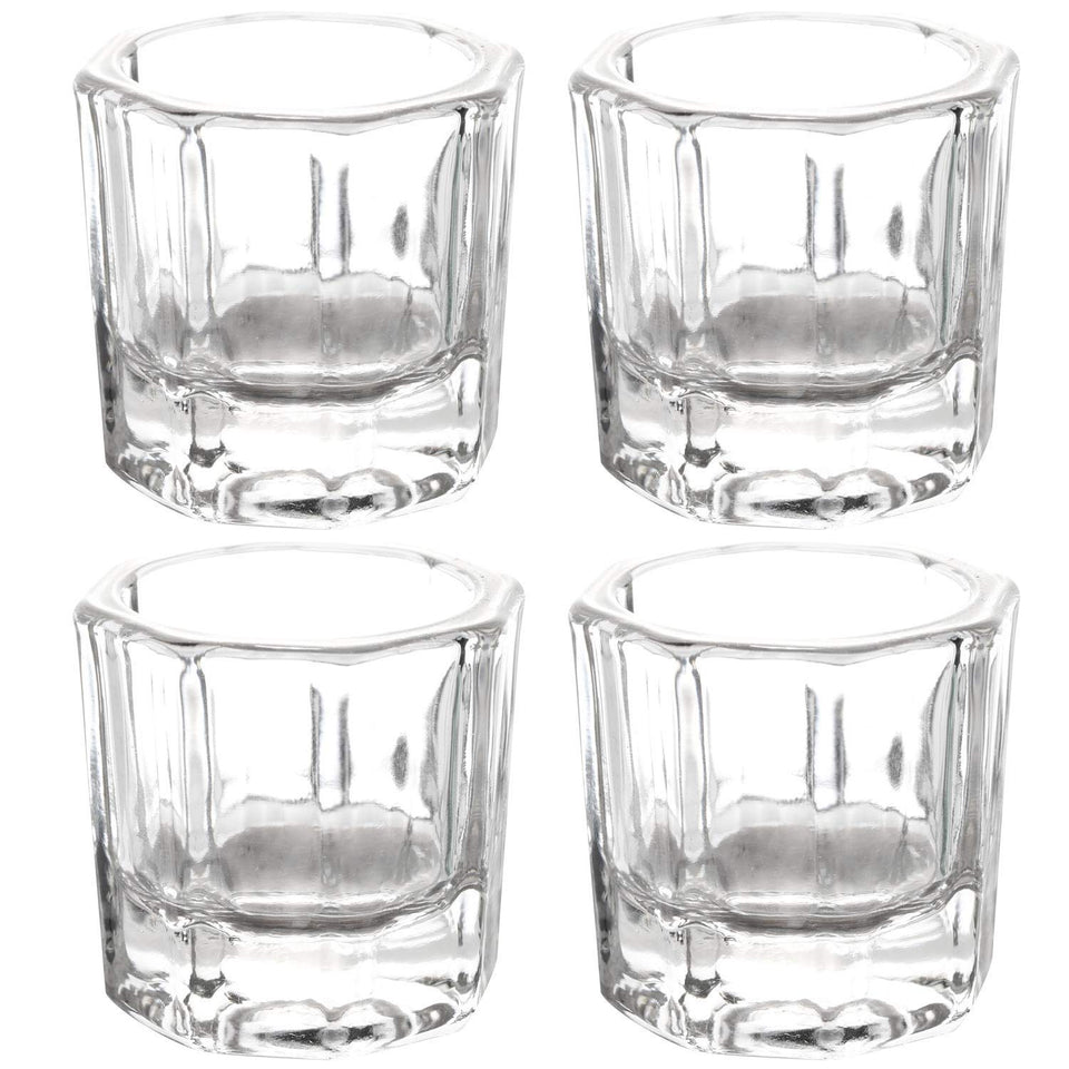 BTYMS front view of four dappen dishes showing clear cups and stability benefit