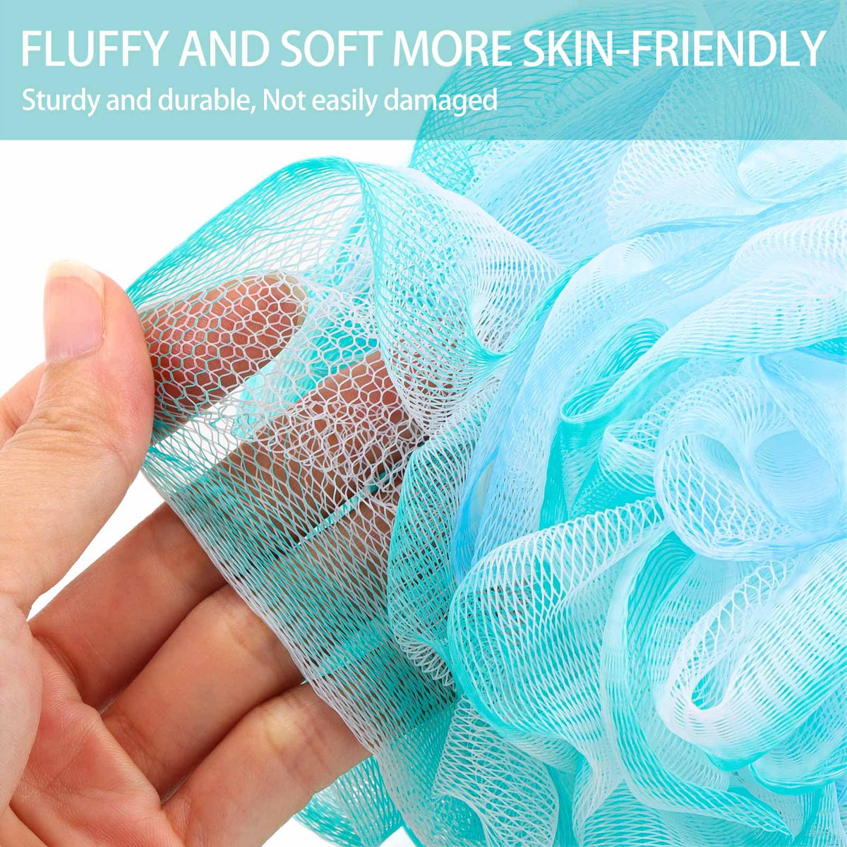 BTYMS loofah held in hand to show 75g size and scale, easy grip and coverage benefit