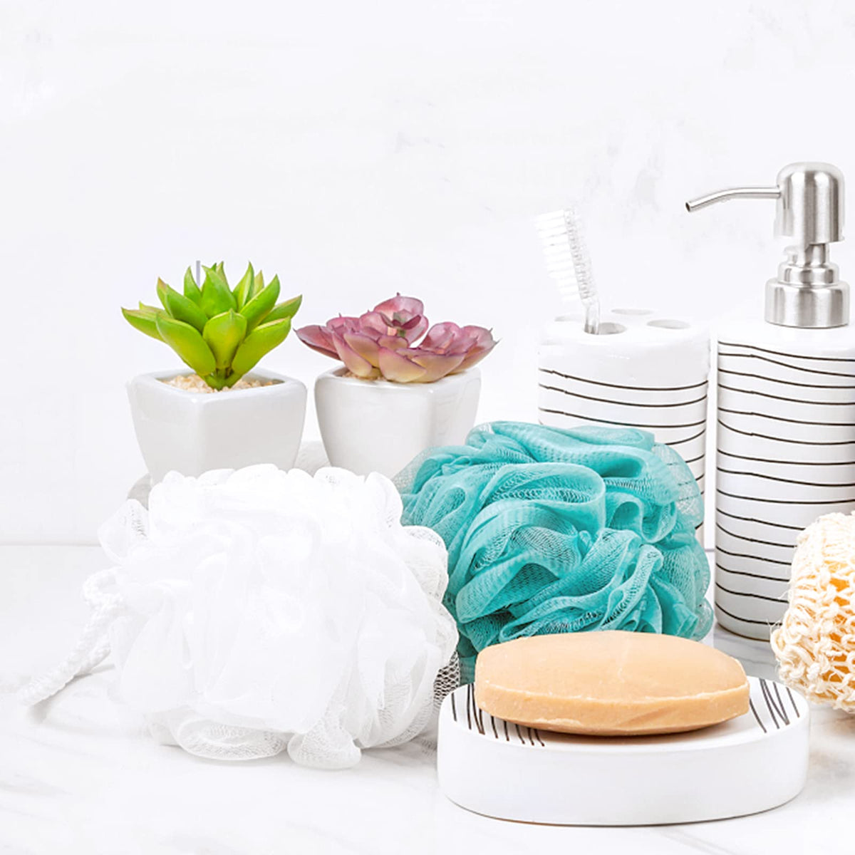 BTYMS six loofahs spread out to display color options and multiple replacements
