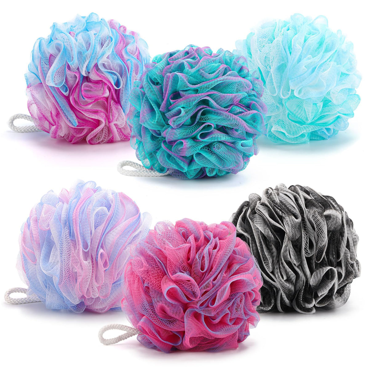 BTYMS front packaging of 6 XXL loofah poufs, shows value and convenience