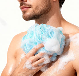 BTYMS loofah hanging to dry in shower, promotes fast drying storage