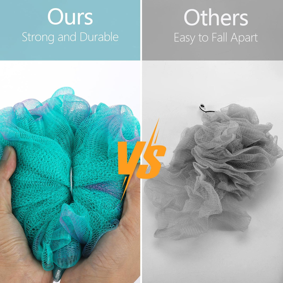 BTYMS loofah held in hand, shows easier grip and control in shower