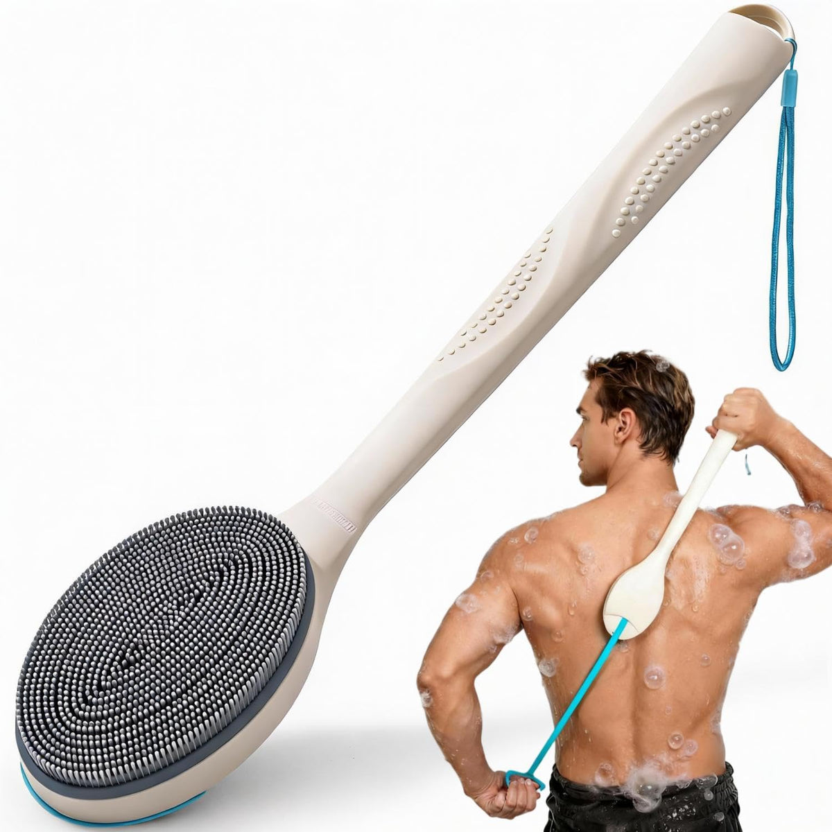 BUBBLEDANCE front view showing white scrubber and handle for effective reach