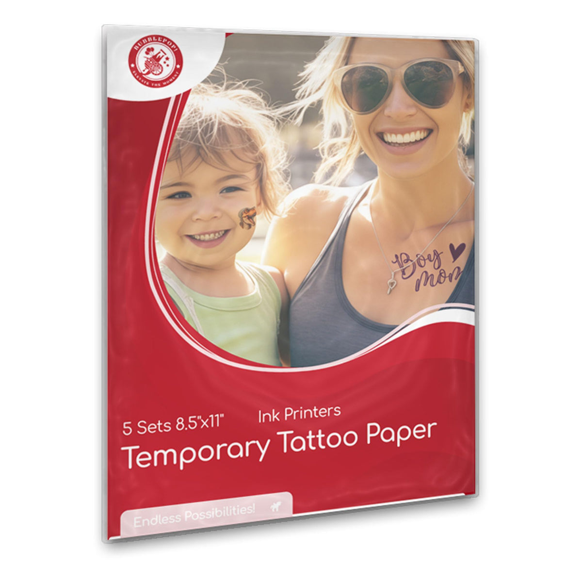BubblePop! front packaging showing five printable tattoo sheets, convenient value pack