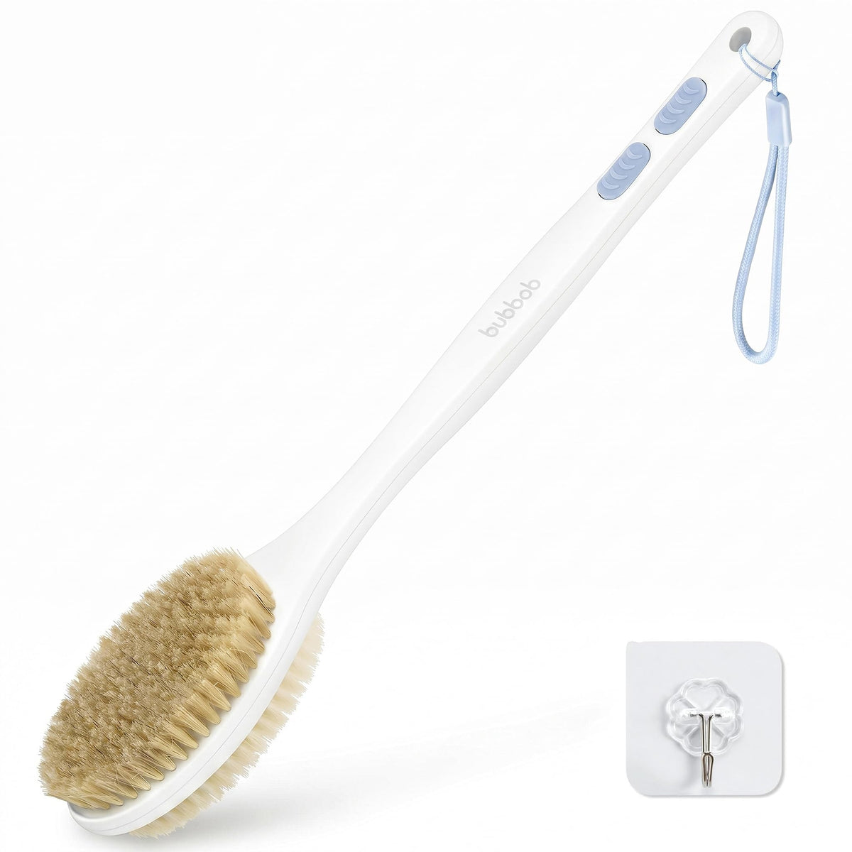 Bubbob back scrubber front view showing full brush and handle for easy reach