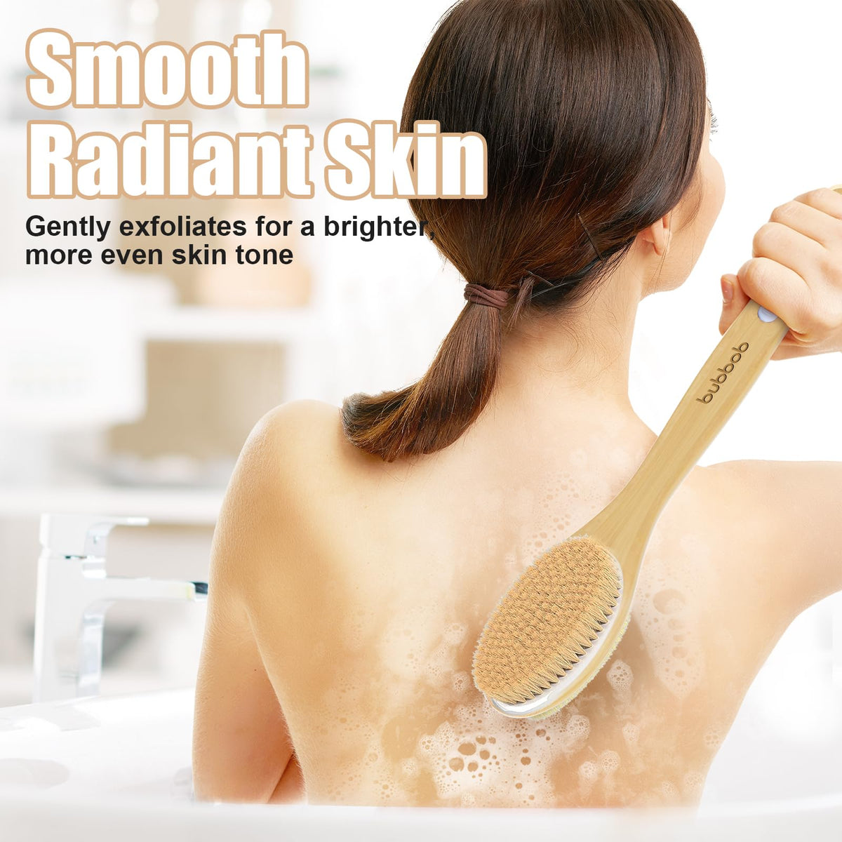 Bubbob in-shower use demonstrating comfortable back cleaning and reduced twisting