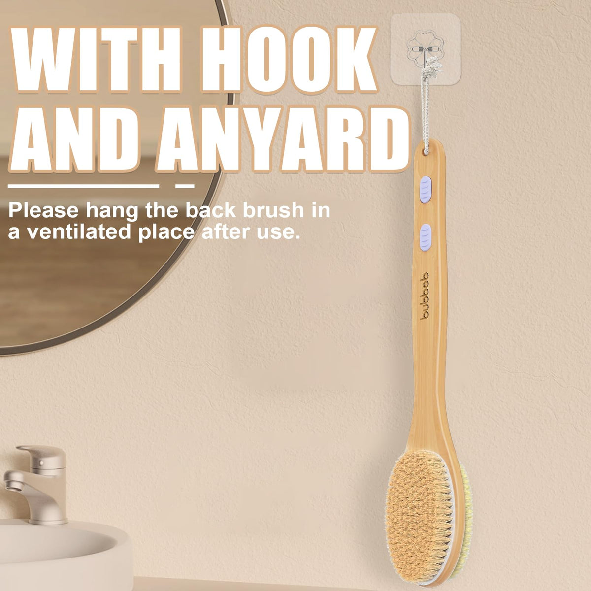 Bubbob brush hanging on bathroom hook for tidy storage and faster air drying