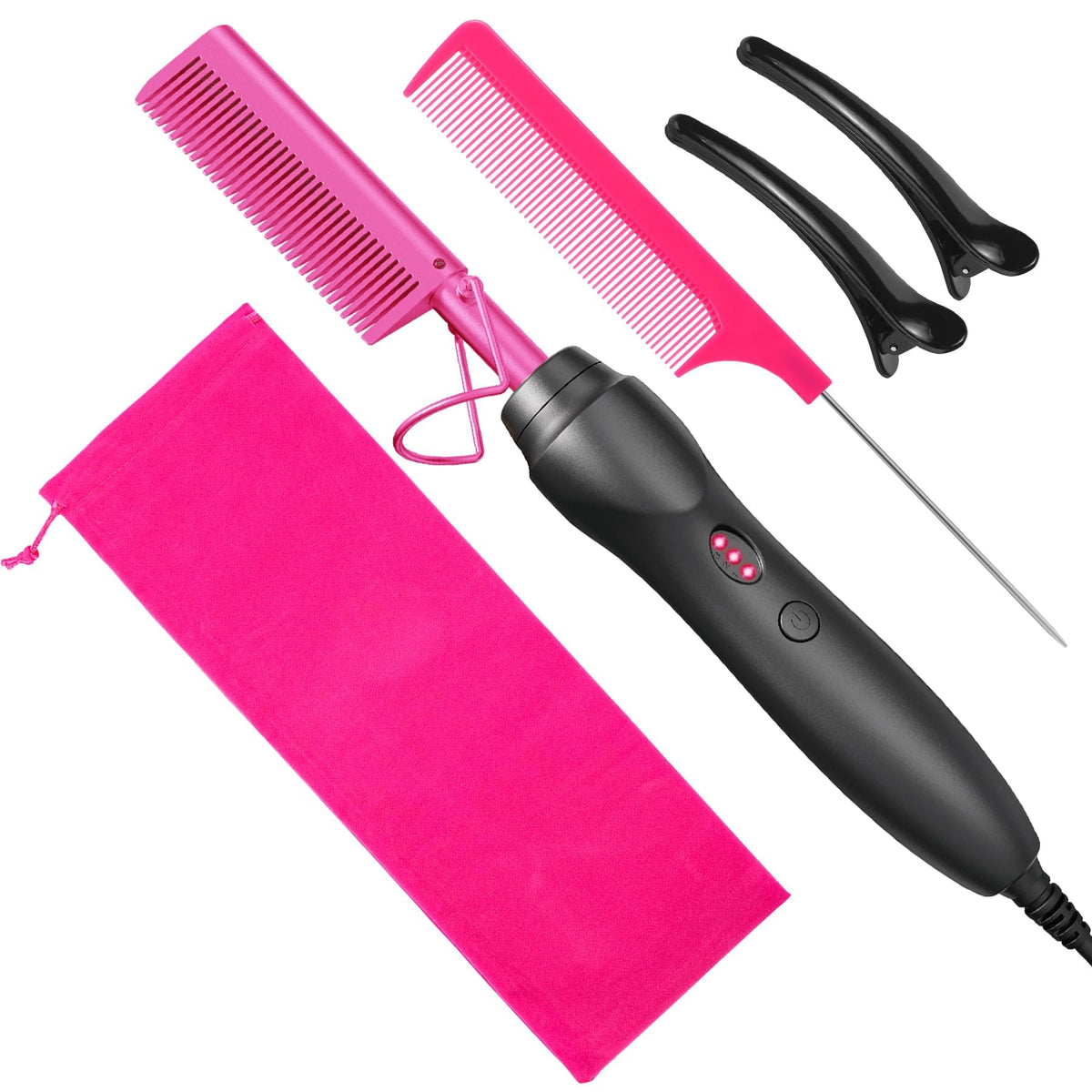 BudiGl pink hot comb front view showing controls and sleek design for quick styling