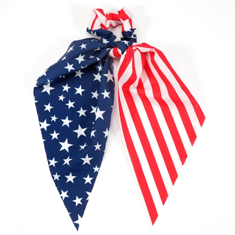 Budsmile front packaging showing patriotic red white blue scrunchies for festive wear