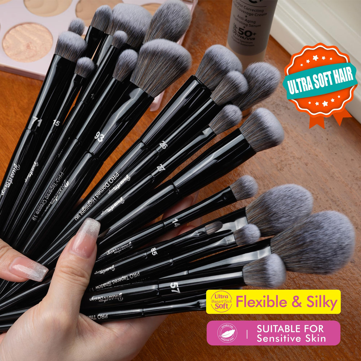 Bueart Design brush applying foundation on skin illustrating smooth, even coverage