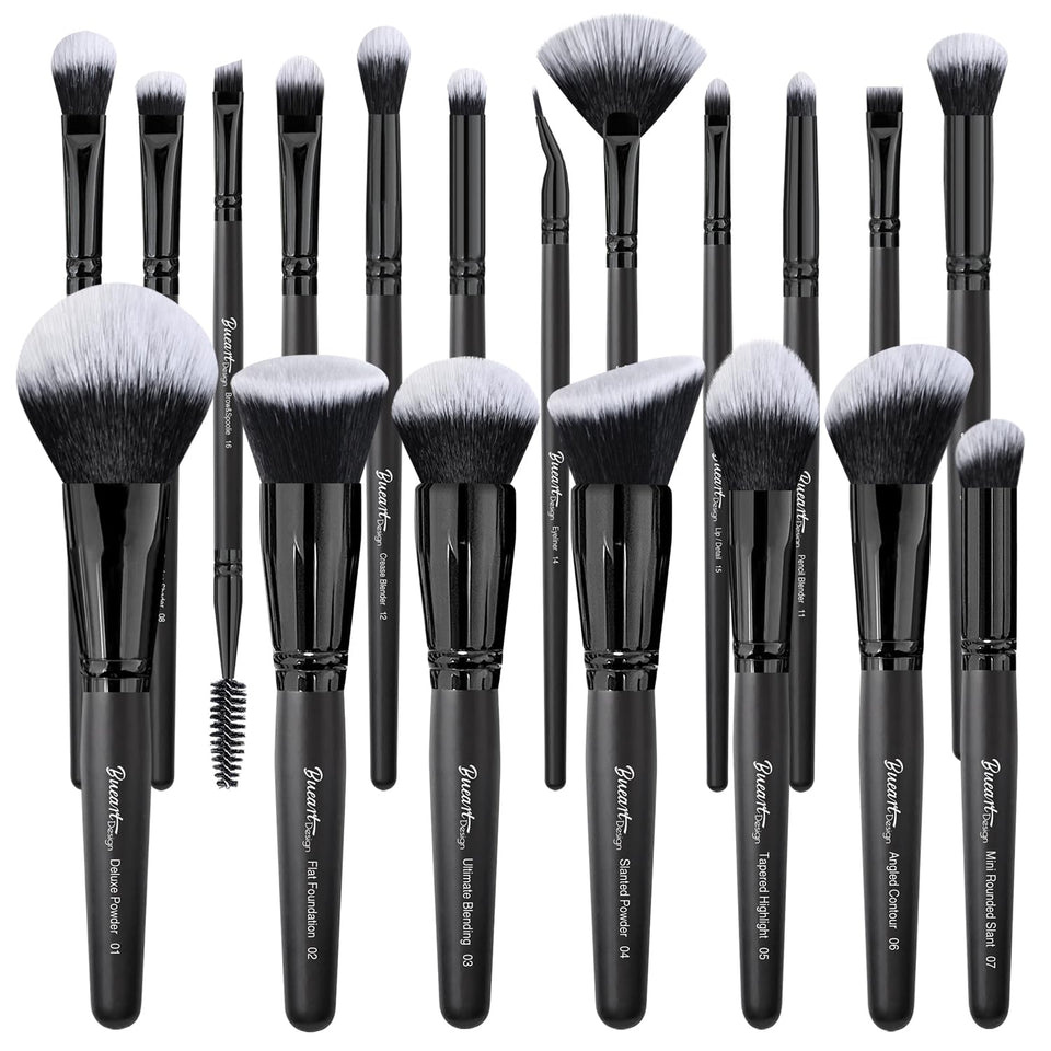 Bueart Design front packaging showing full 19-piece brush set and included guide