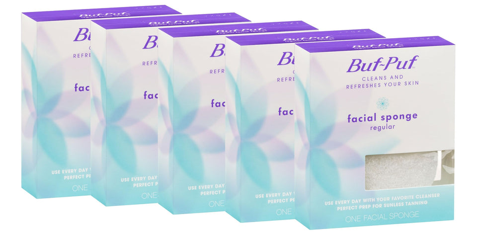 Buf-Puf front packaging showing five white facial sponges and brand