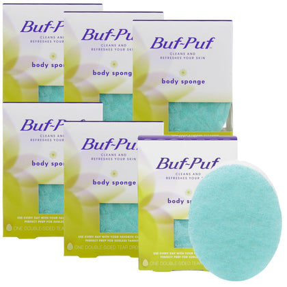 Buf-Puf front packaging showing six reusable exfoliating sponges and benefits