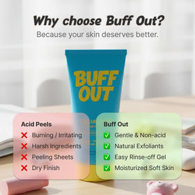 BUFFOUT perlite and apricot seed powder ingredients shown for gentle polishing