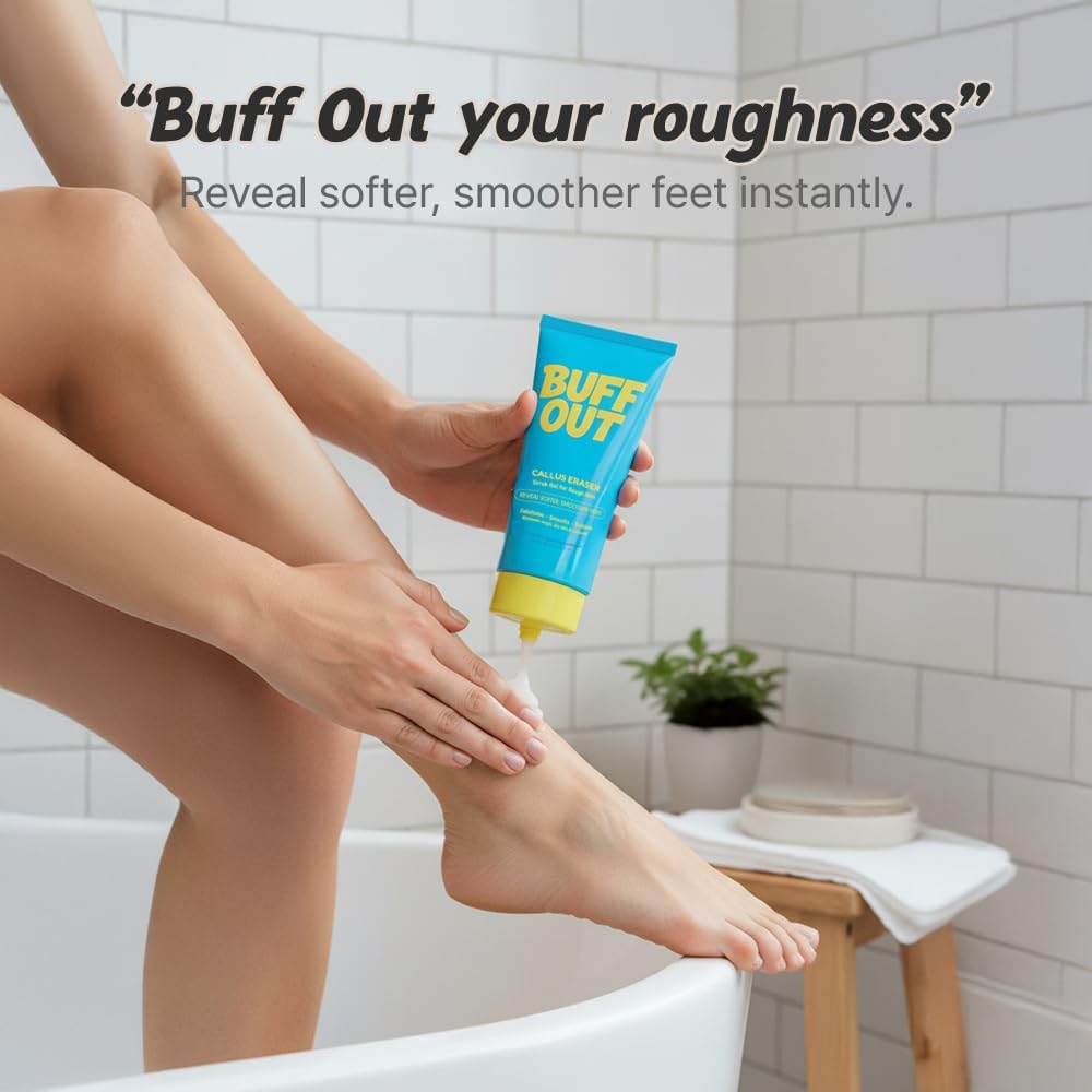 BUFFOUT on bathroom shelf in lifestyle setting for everyday body care routine