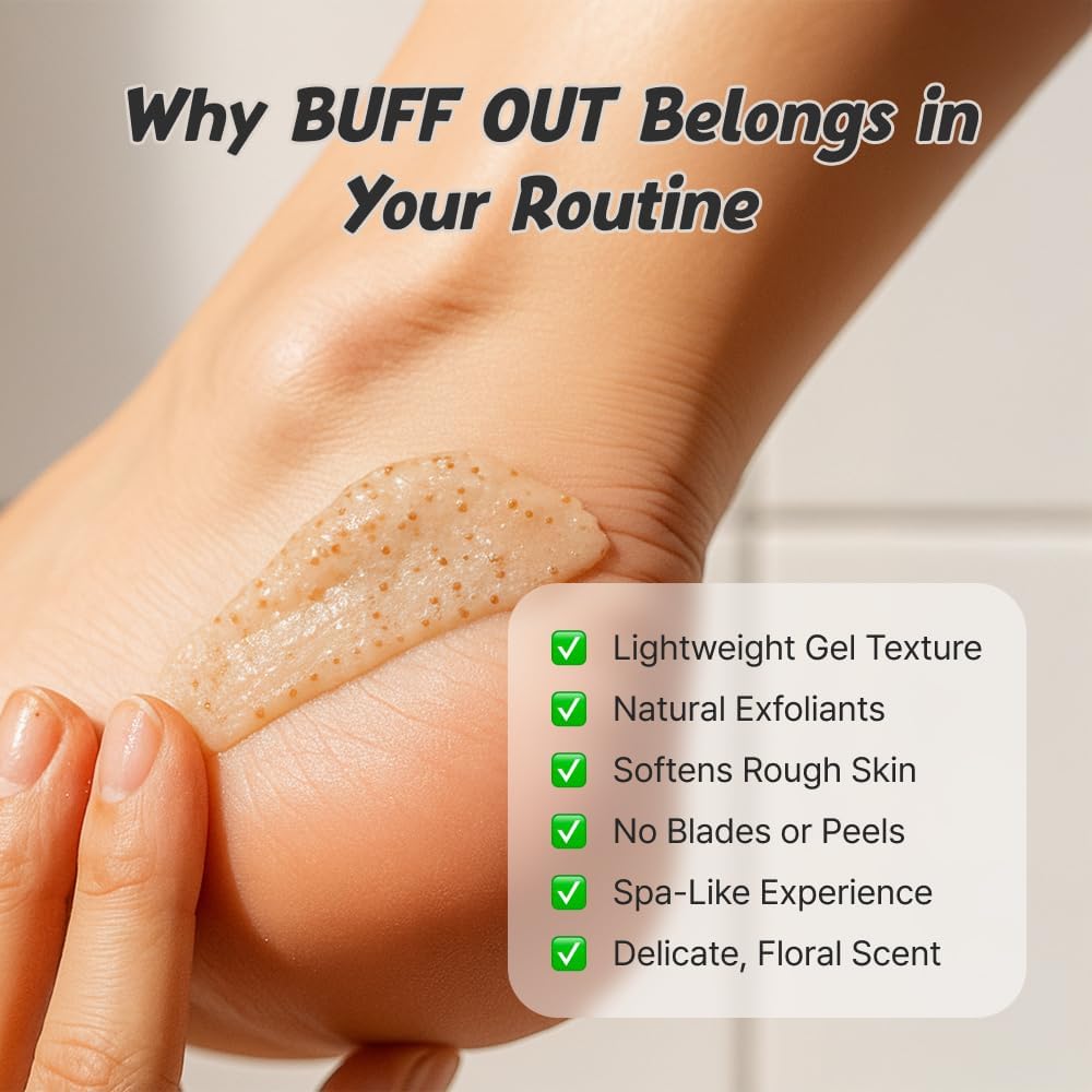 BUFFOUT bottle next to hand to display product size and dosing convenience