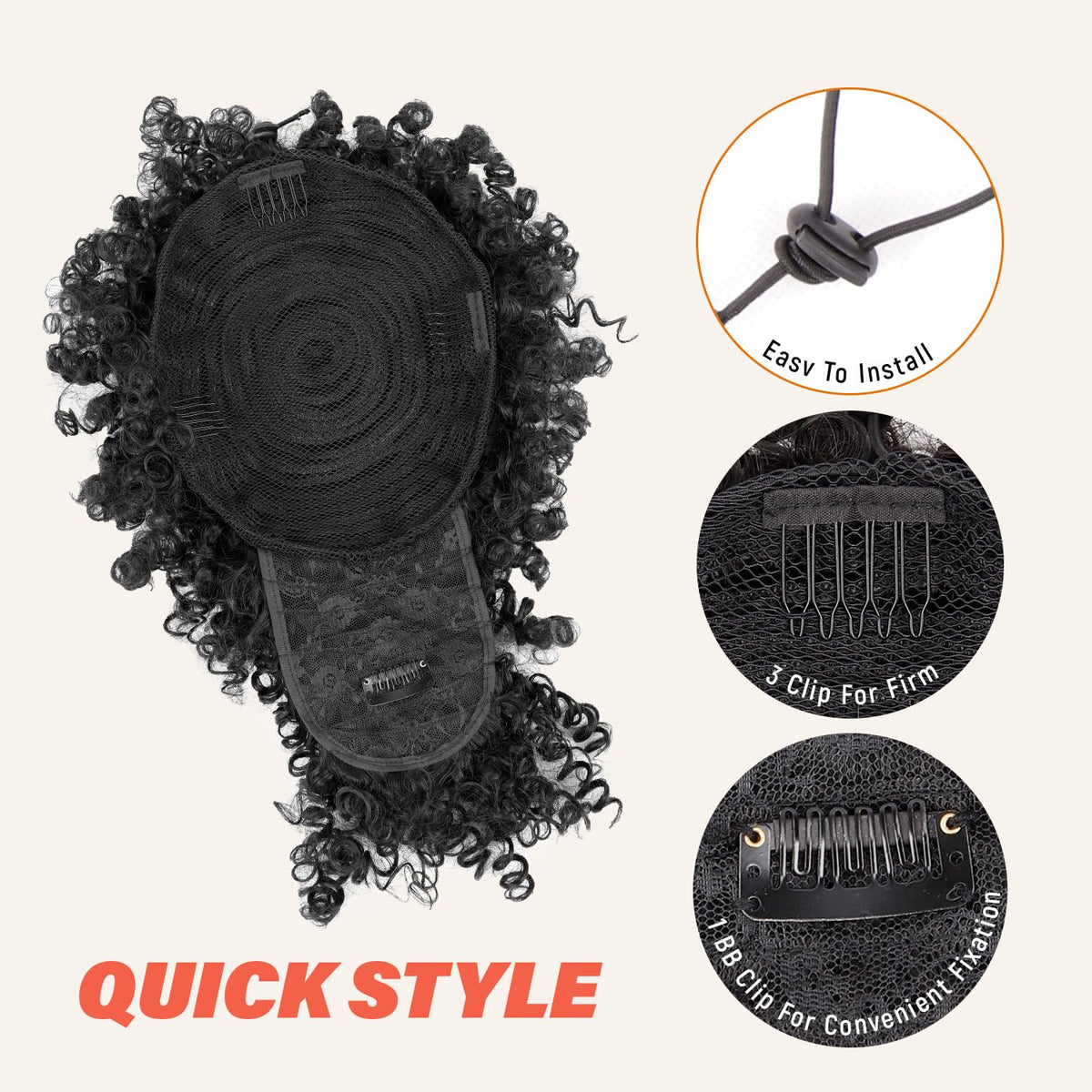 builson detail of combs and drawstring for secure, easy attachment