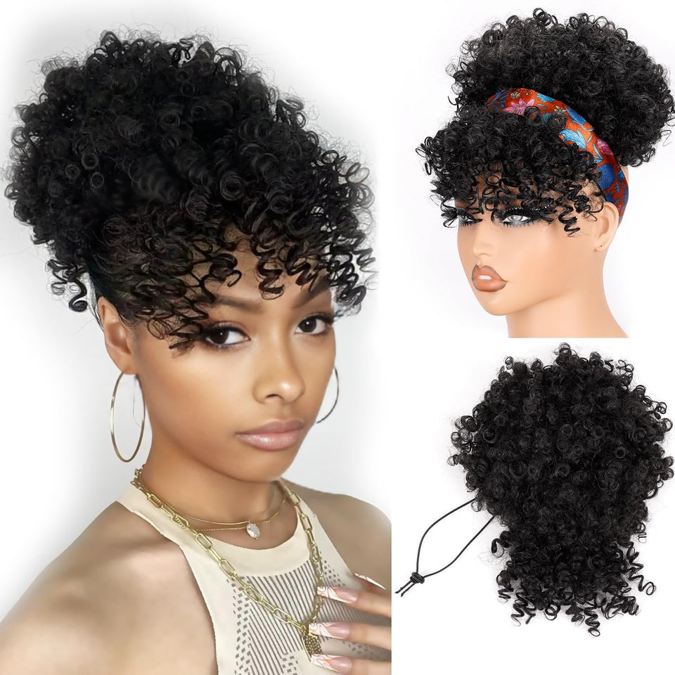 builson front view showing afro puff ponytail and bangs for instant style