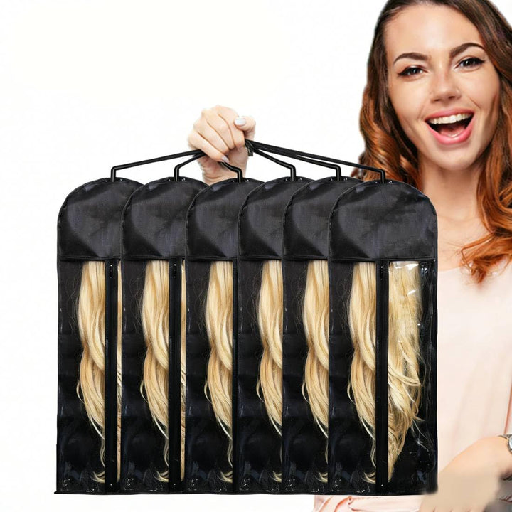 builson front packaging showing six black anti-static wig bags and travel case, protects wigs