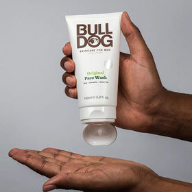 Bulldog face wash on bathroom counter suggesting everyday grooming routine