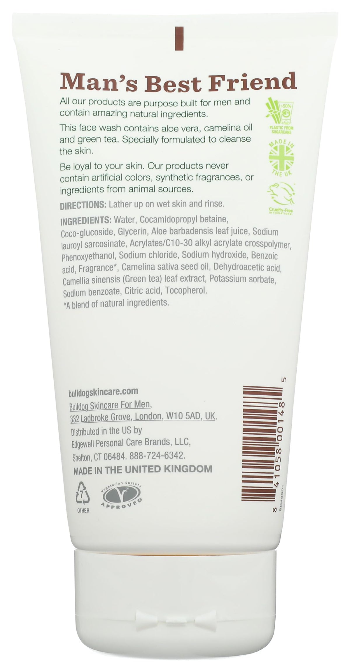 Bulldog Skincare for Men label close-up highlighting instructions and gentle formula benefits
